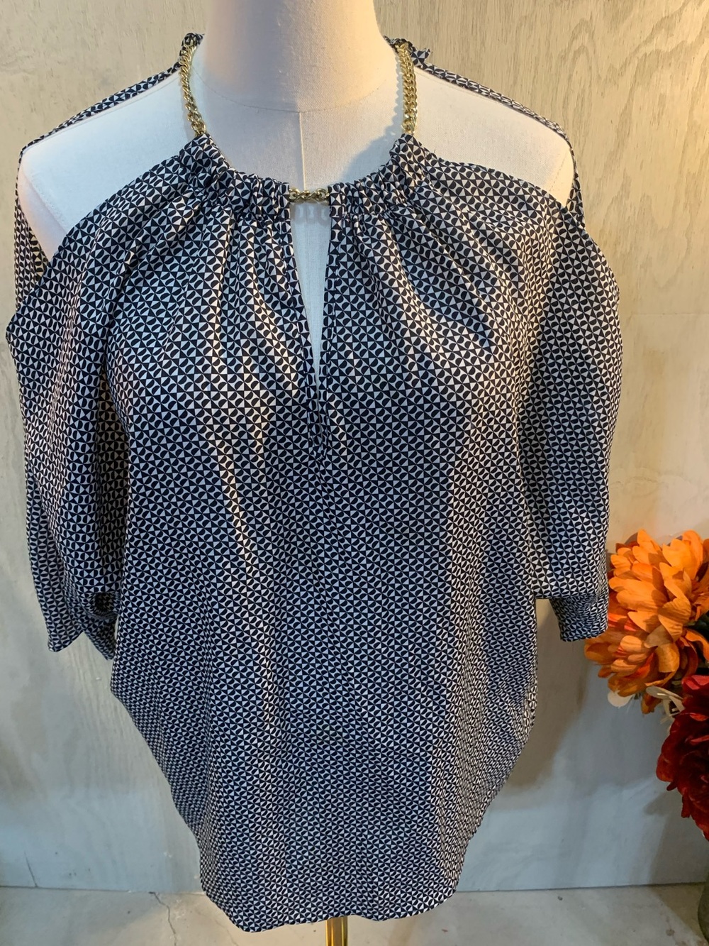 Michael Kors Navy & White Cold-Shoulder Top with gold Chain Accent